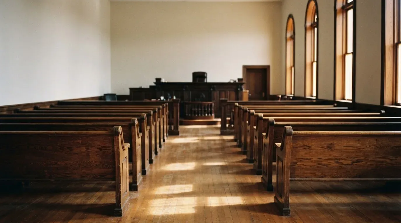 An empty courtroom with wooden benches in morning light