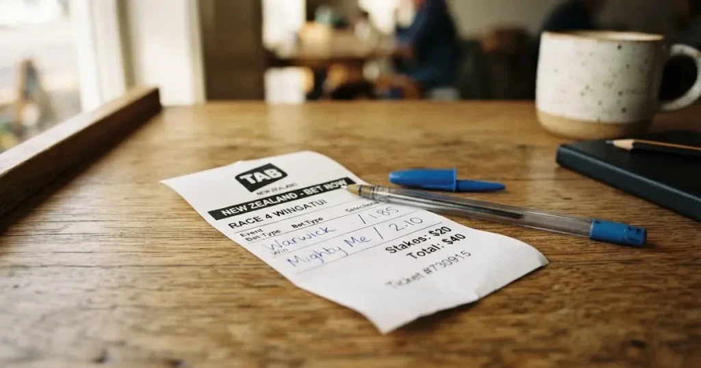 A blank paper betting slip beside a pen on a wooden counter