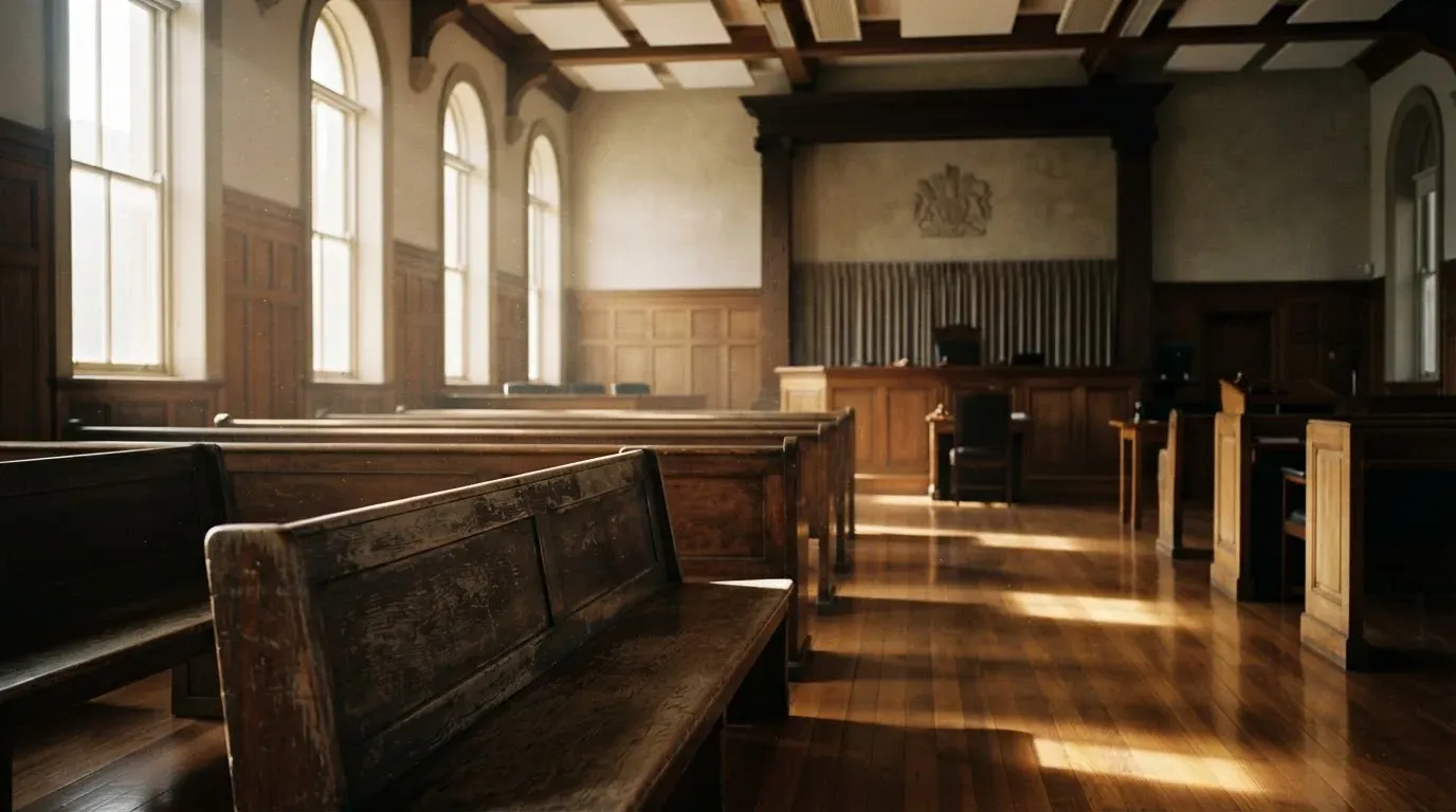 An empty courtroom with wooden benches in morning light