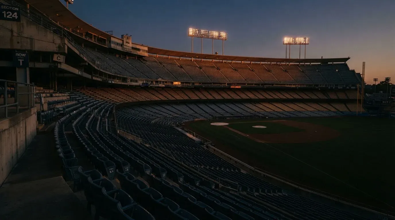 An empty football stadium with floodlight masts at dusk