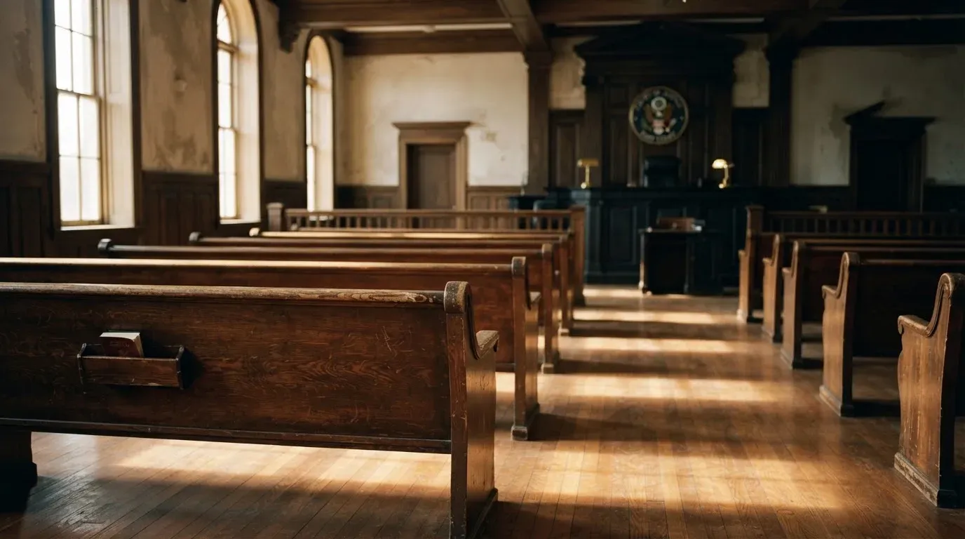 An empty courtroom with wooden benches in morning light