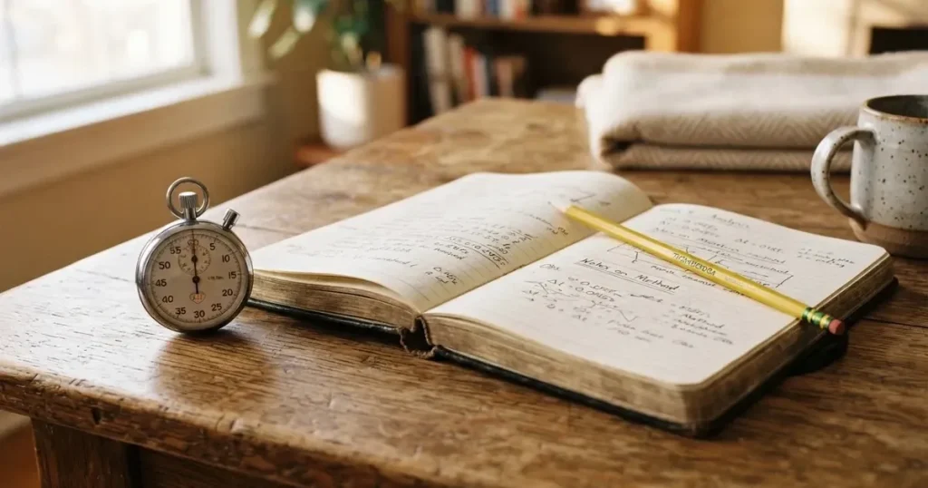 An open notebook with a pencil and a stopwatch on a wooden table