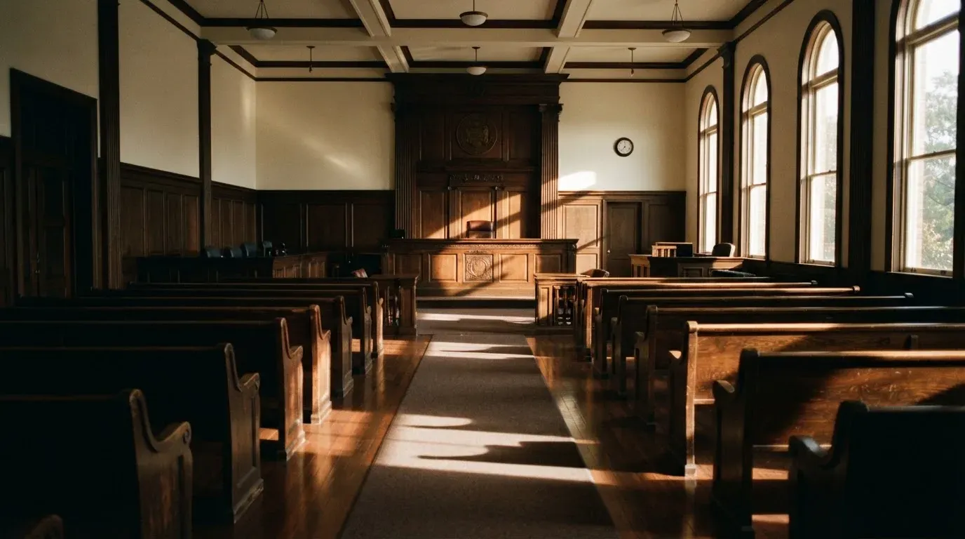 An empty courtroom with wooden benches in morning light