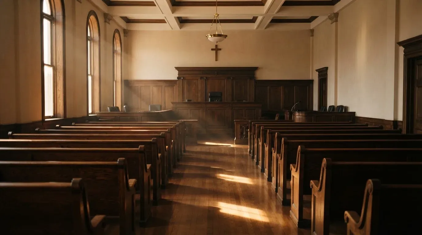 An empty courtroom with wooden benches in morning light