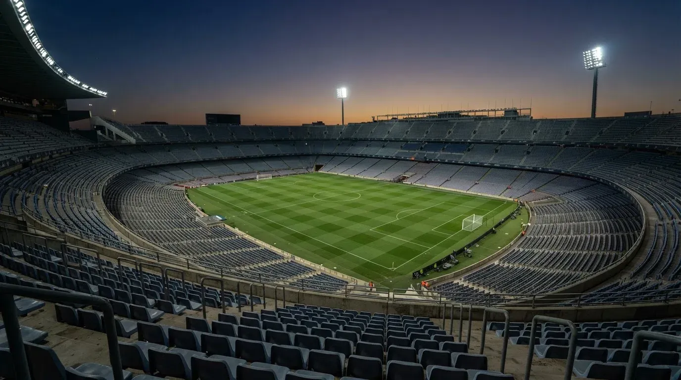 An empty football stadium with floodlight masts at dusk