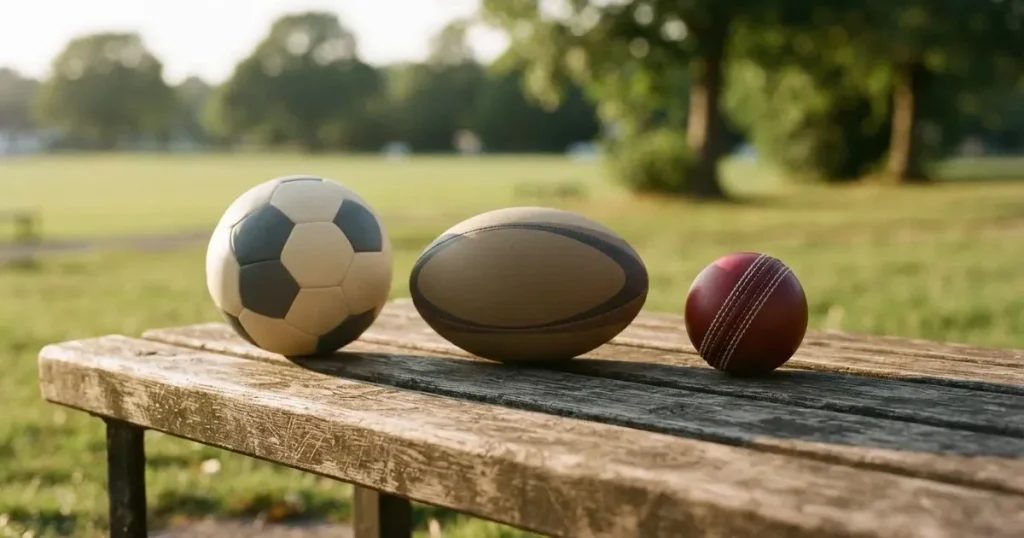 Three balls of different kinds side by side on a wooden bench