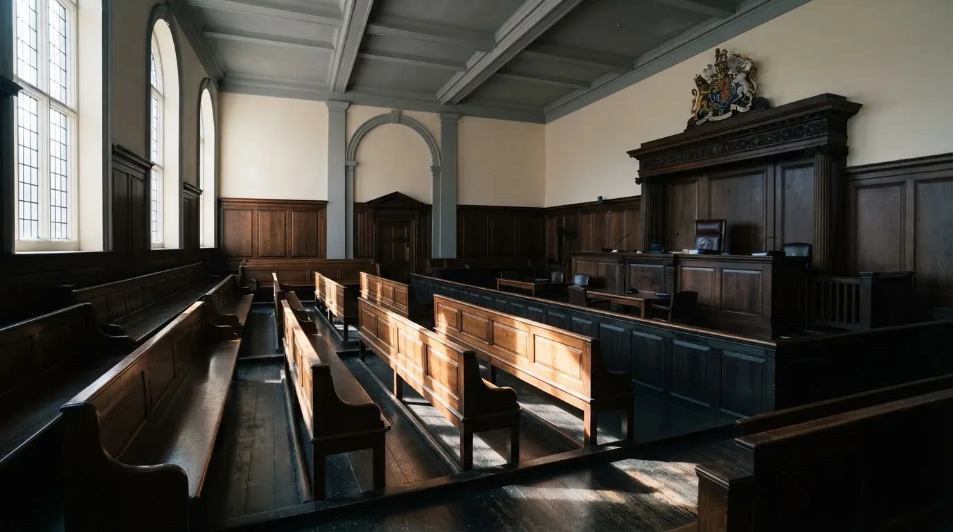 An empty courtroom with wooden benches in morning light