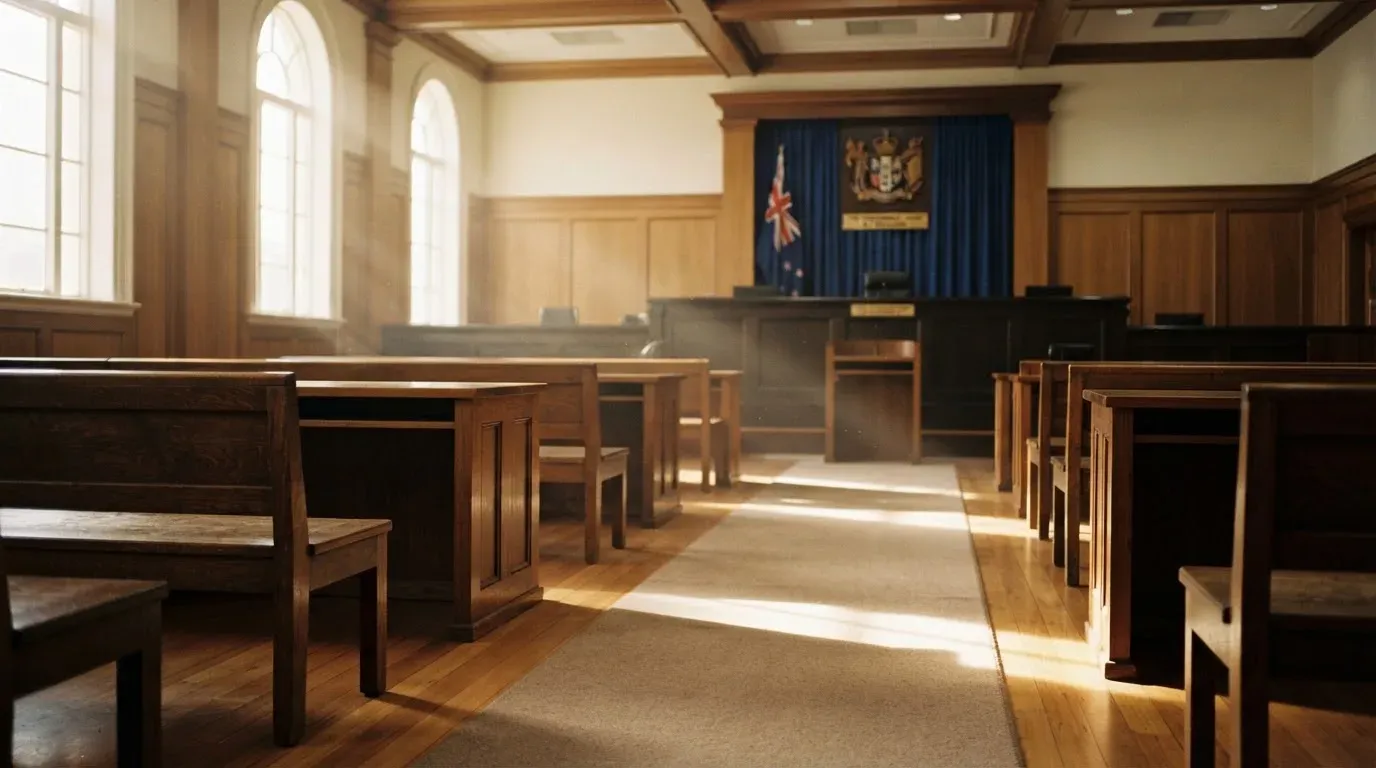 An empty courtroom with wooden benches in morning light