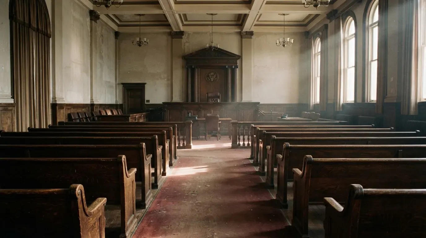 An empty courtroom with wooden benches in morning light