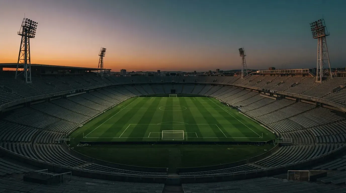 An empty football stadium with floodlight masts at dusk