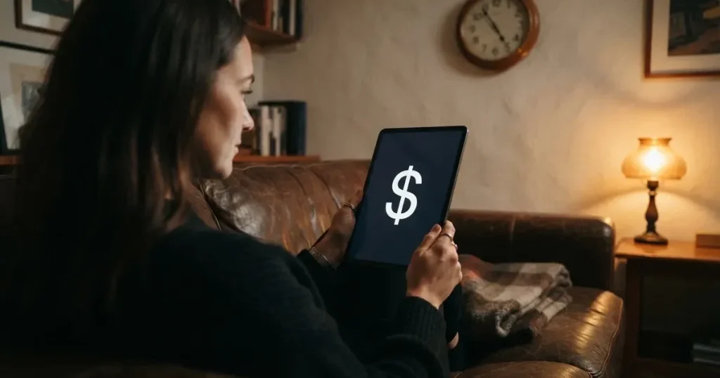 A person on a sofa looking thoughtfully at a tablet, a wall clock in the background