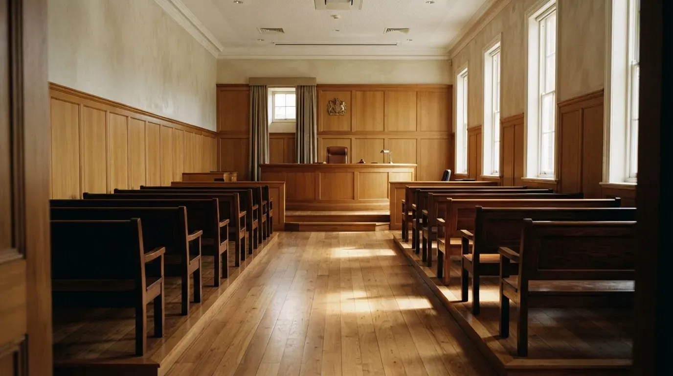 An empty courtroom with wooden benches in morning light