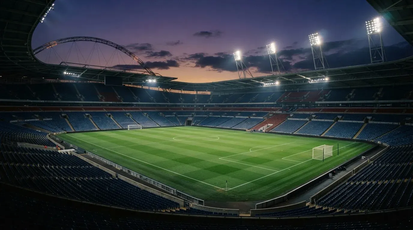 An empty football stadium with floodlight masts at dusk