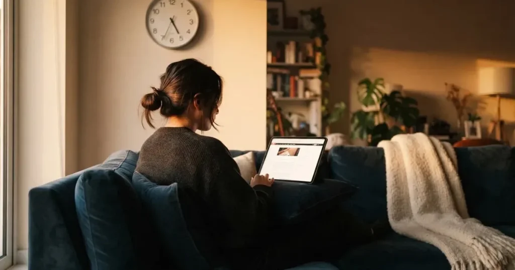 A person on a sofa looking thoughtfully at a tablet, a wall clock in the background