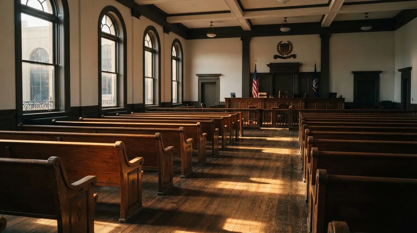An empty courtroom with wooden benches in morning light