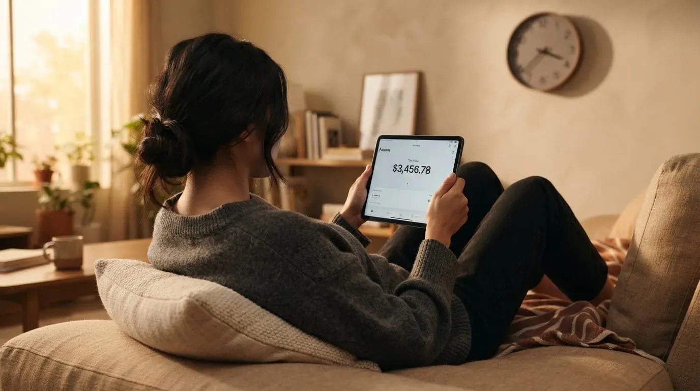 A person on a sofa looking thoughtfully at a tablet, a wall clock in the background