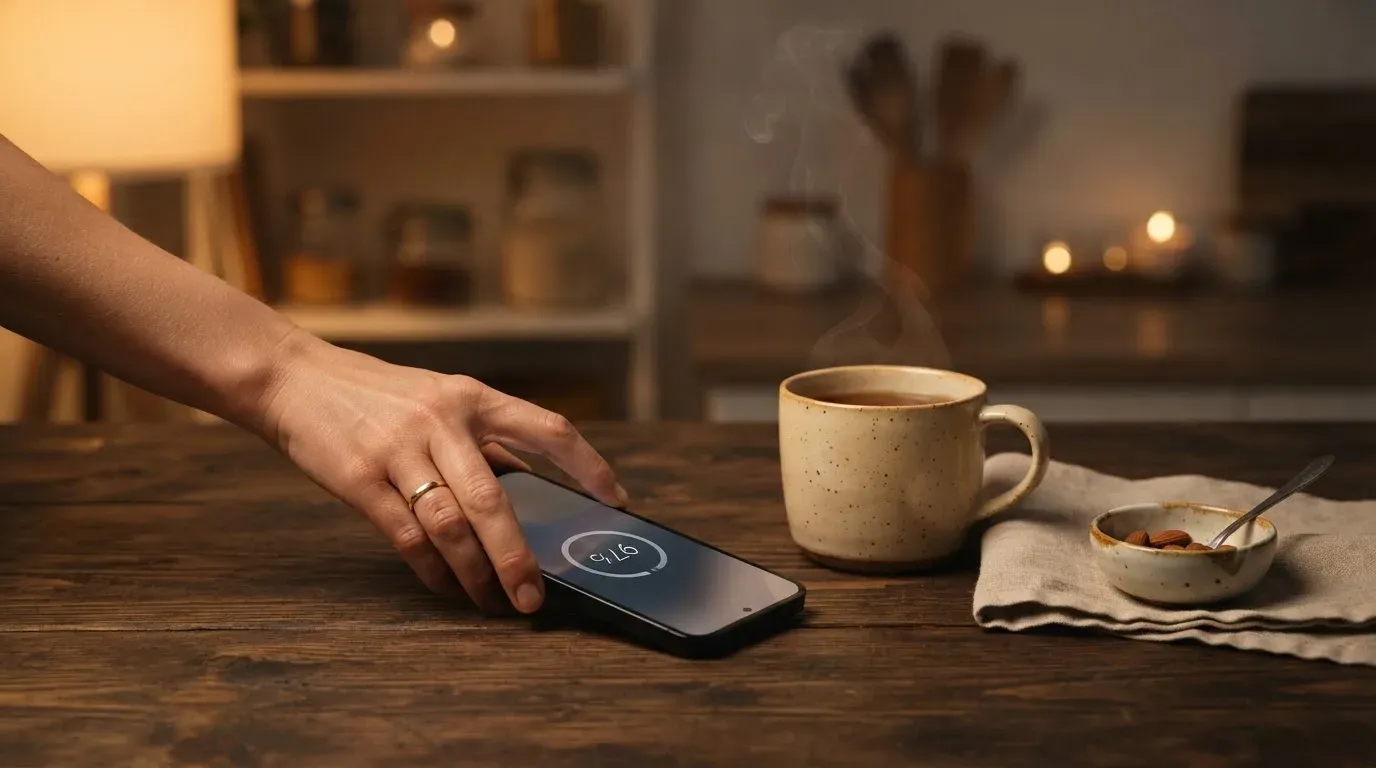 A hand setting a smartphone down beside a cup of tea on a kitchen table on a quiet evening