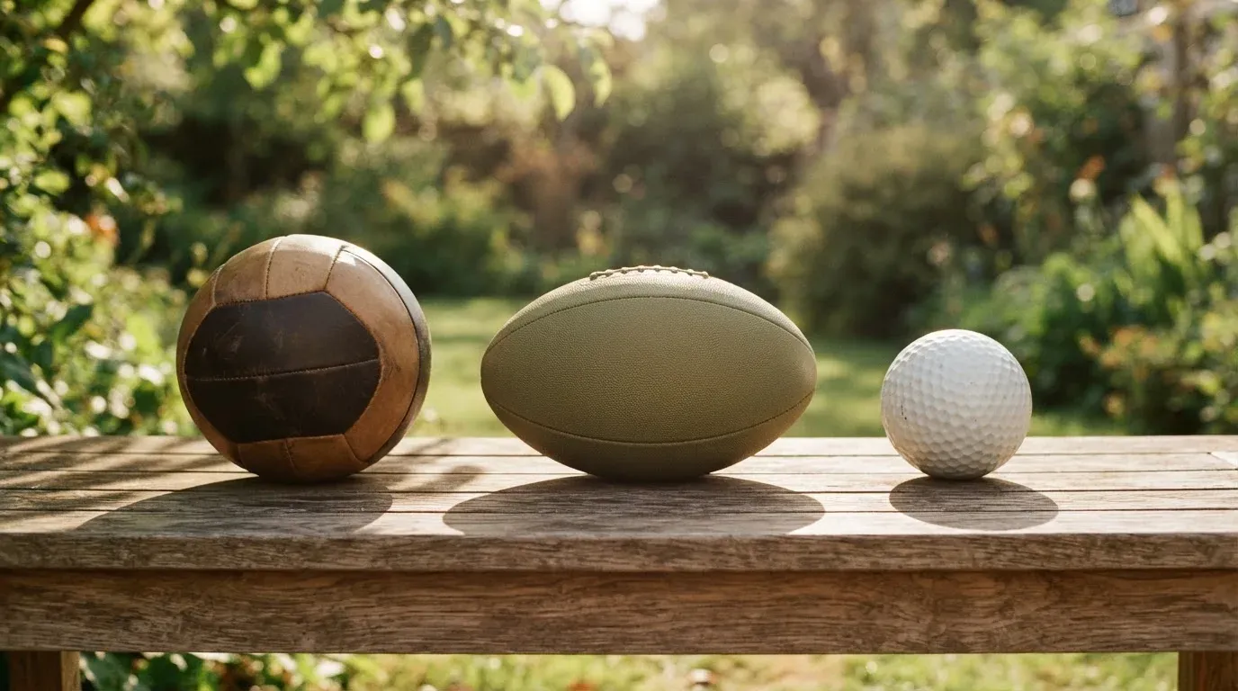 Three balls of different kinds side by side on a wooden bench