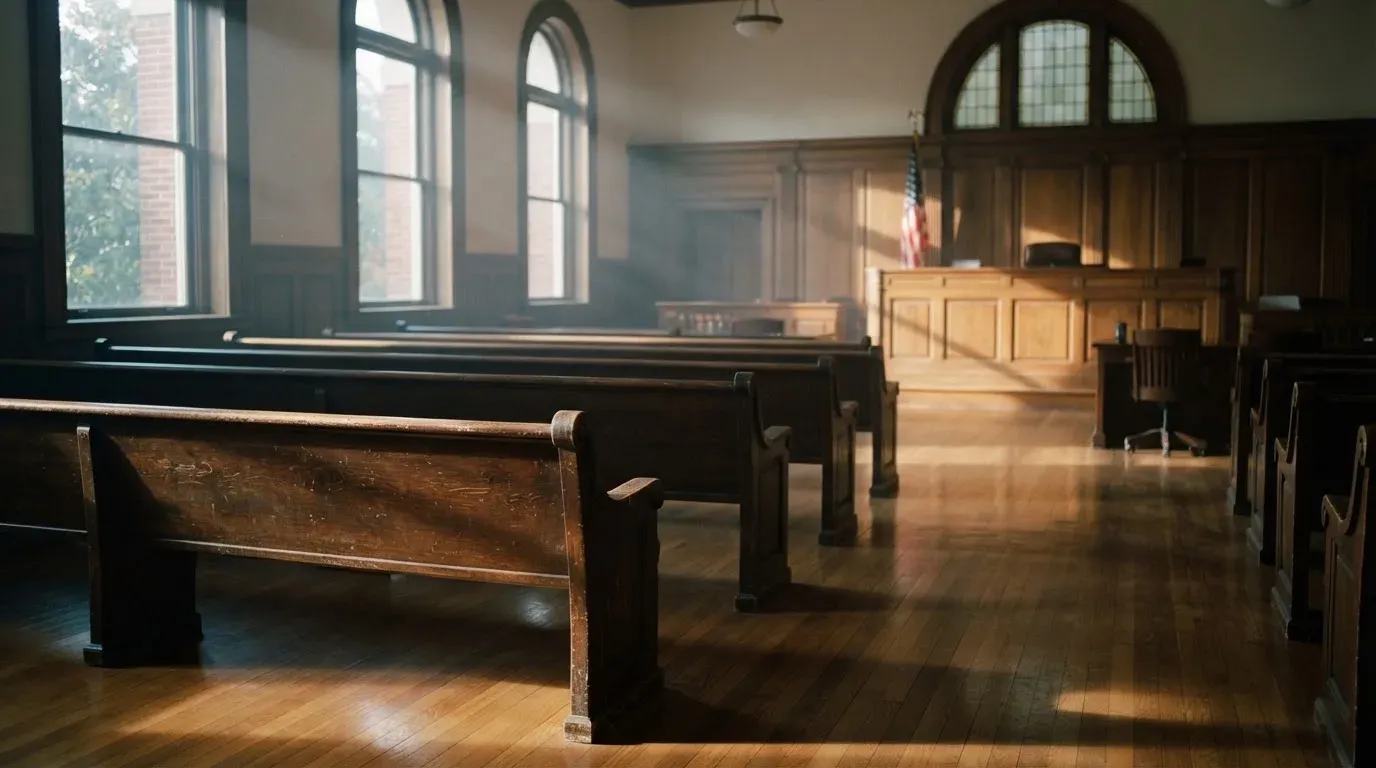 An empty courtroom with wooden benches in morning light
