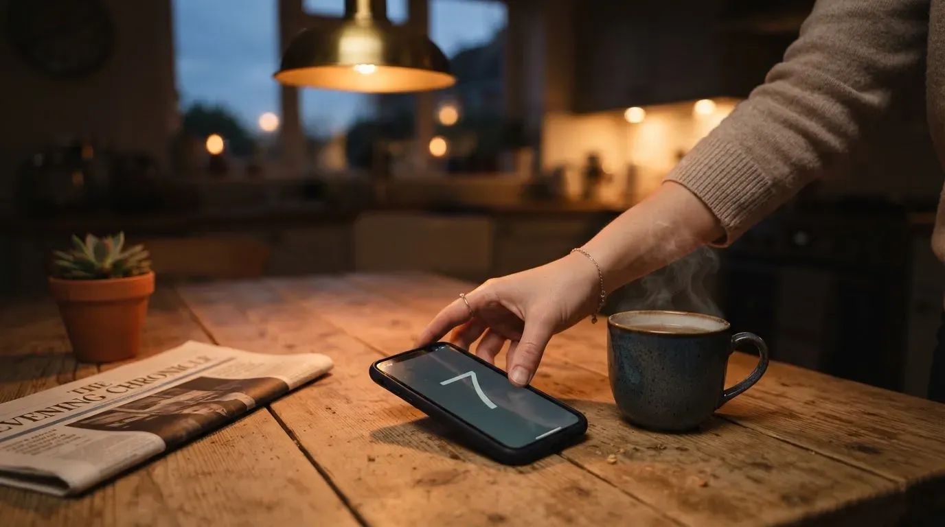 A hand setting a smartphone down beside a cup of tea on a kitchen table on a quiet evening