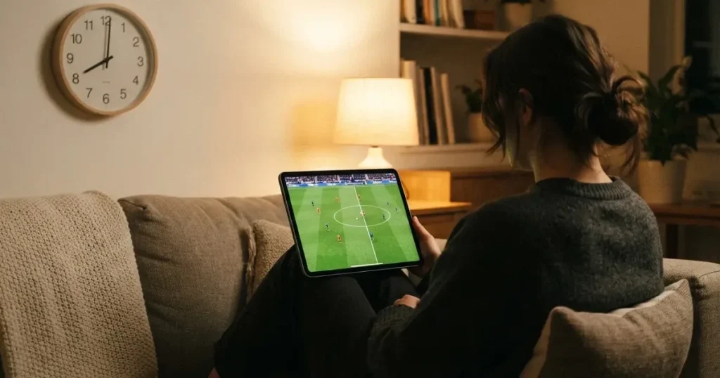 A person on a sofa looking thoughtfully at a tablet, a wall clock in the background