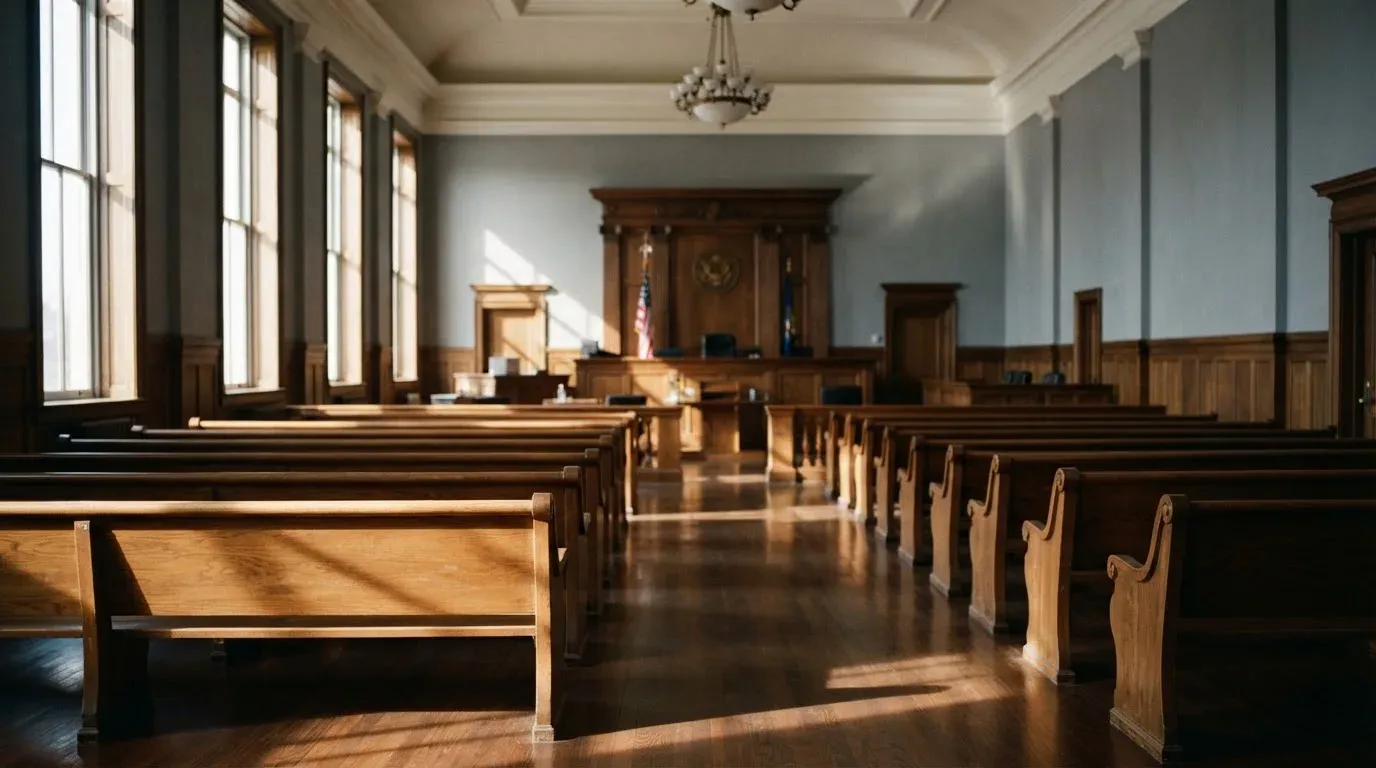An empty courtroom with wooden benches in morning light
