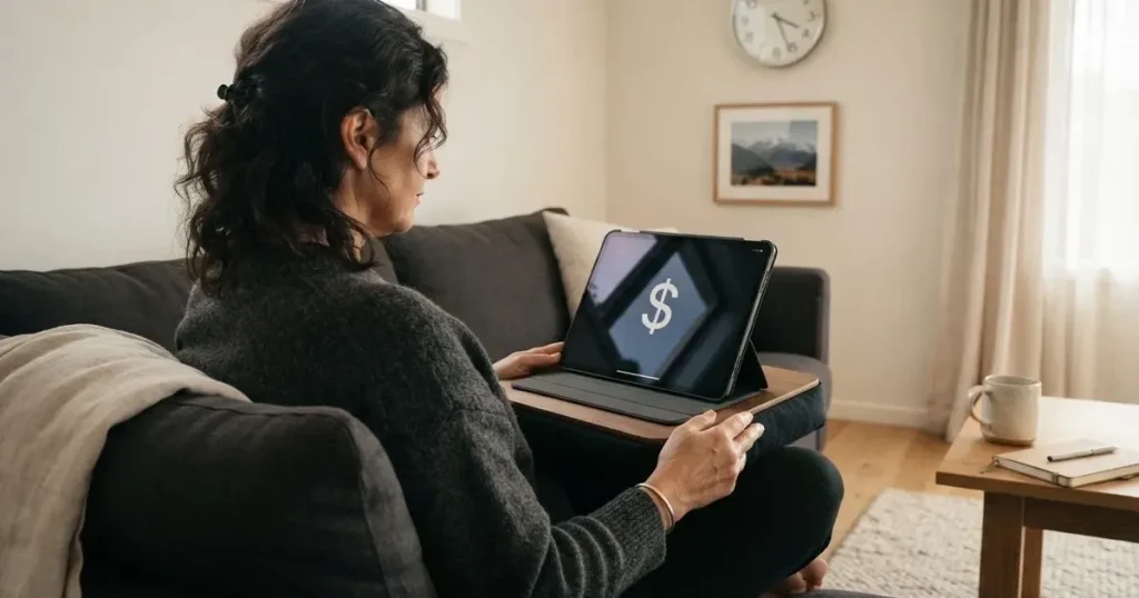A person on a sofa looking thoughtfully at a tablet, a wall clock in the background