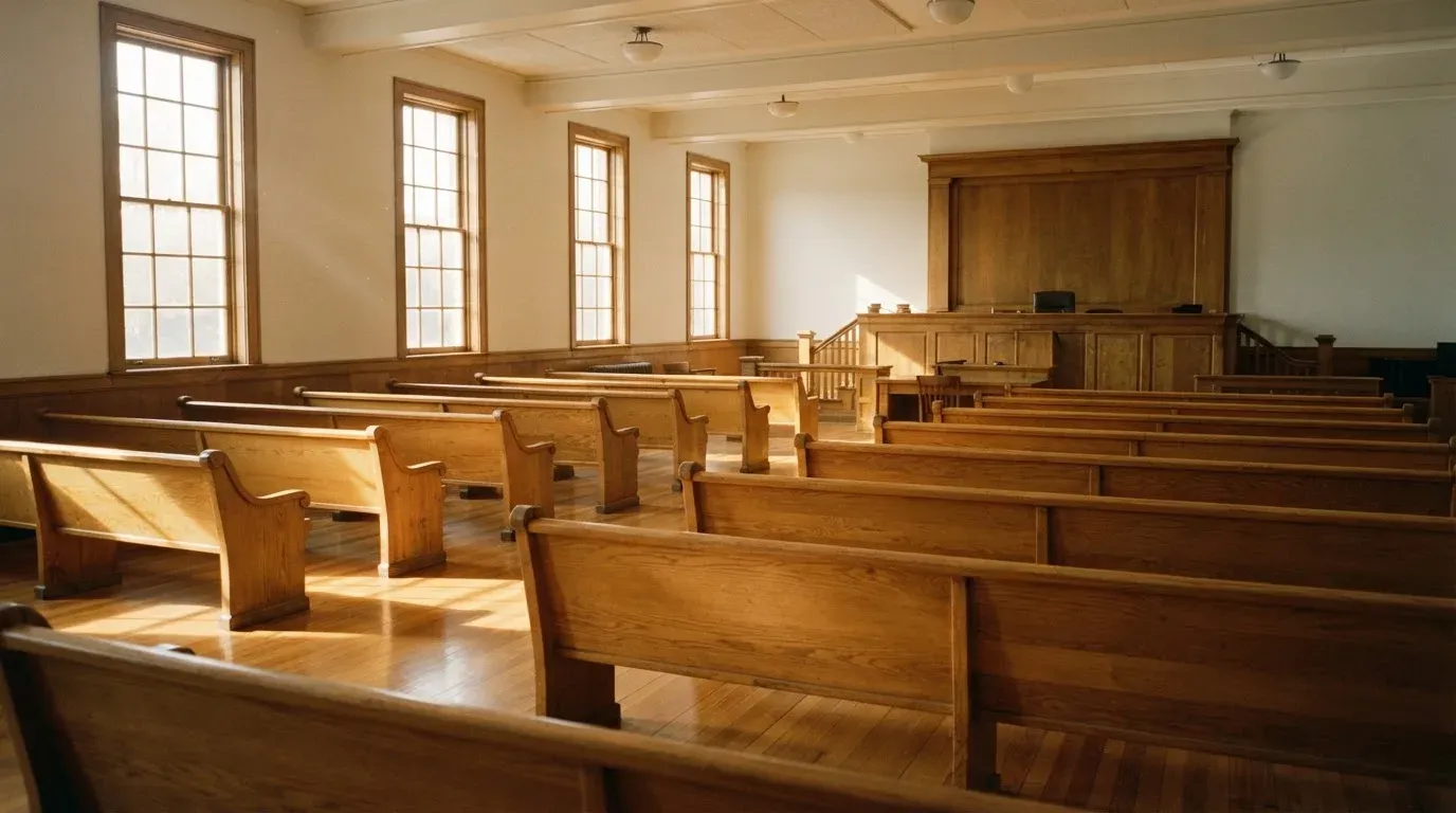 An empty courtroom with wooden benches in morning light