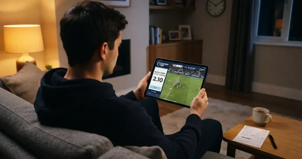 A person on a sofa looking thoughtfully at a tablet, a wall clock in the background