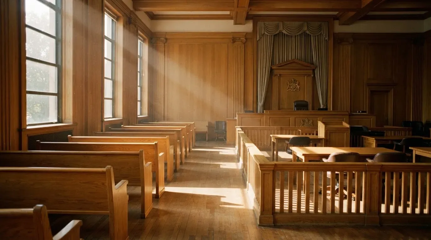 An empty courtroom with wooden benches in morning light