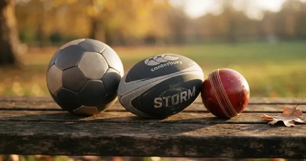 Three balls of different kinds side by side on a wooden bench