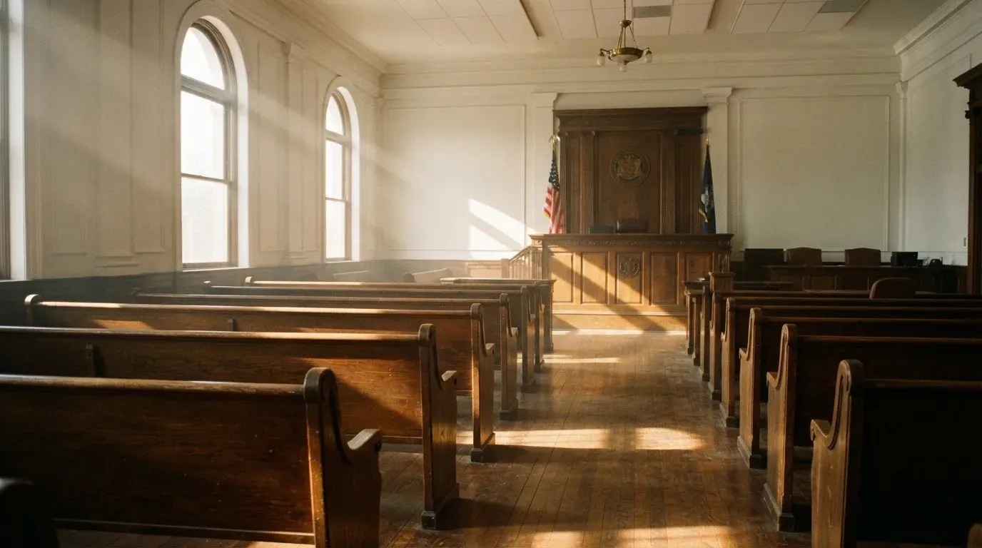 An empty courtroom with wooden benches in morning light