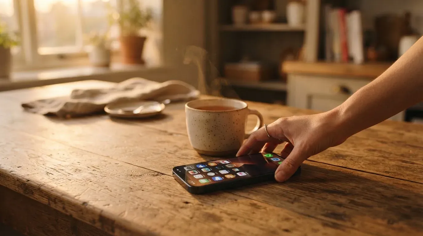 A hand setting a smartphone down beside a cup of tea on a kitchen table on a quiet evening