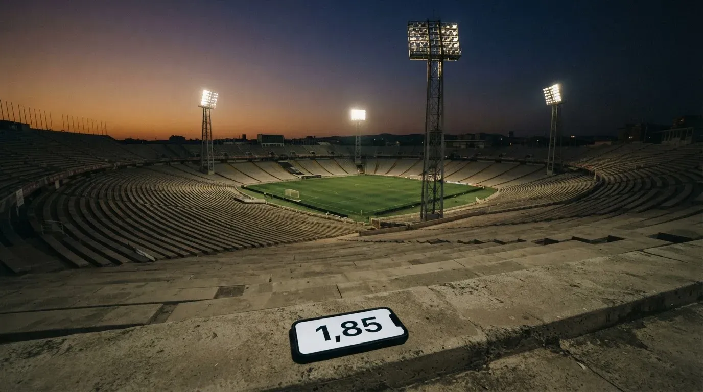 An empty football stadium with floodlight masts at dusk