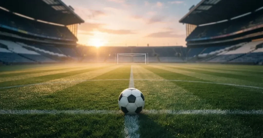 A ball on the centre spot of a grass pitch in morning light