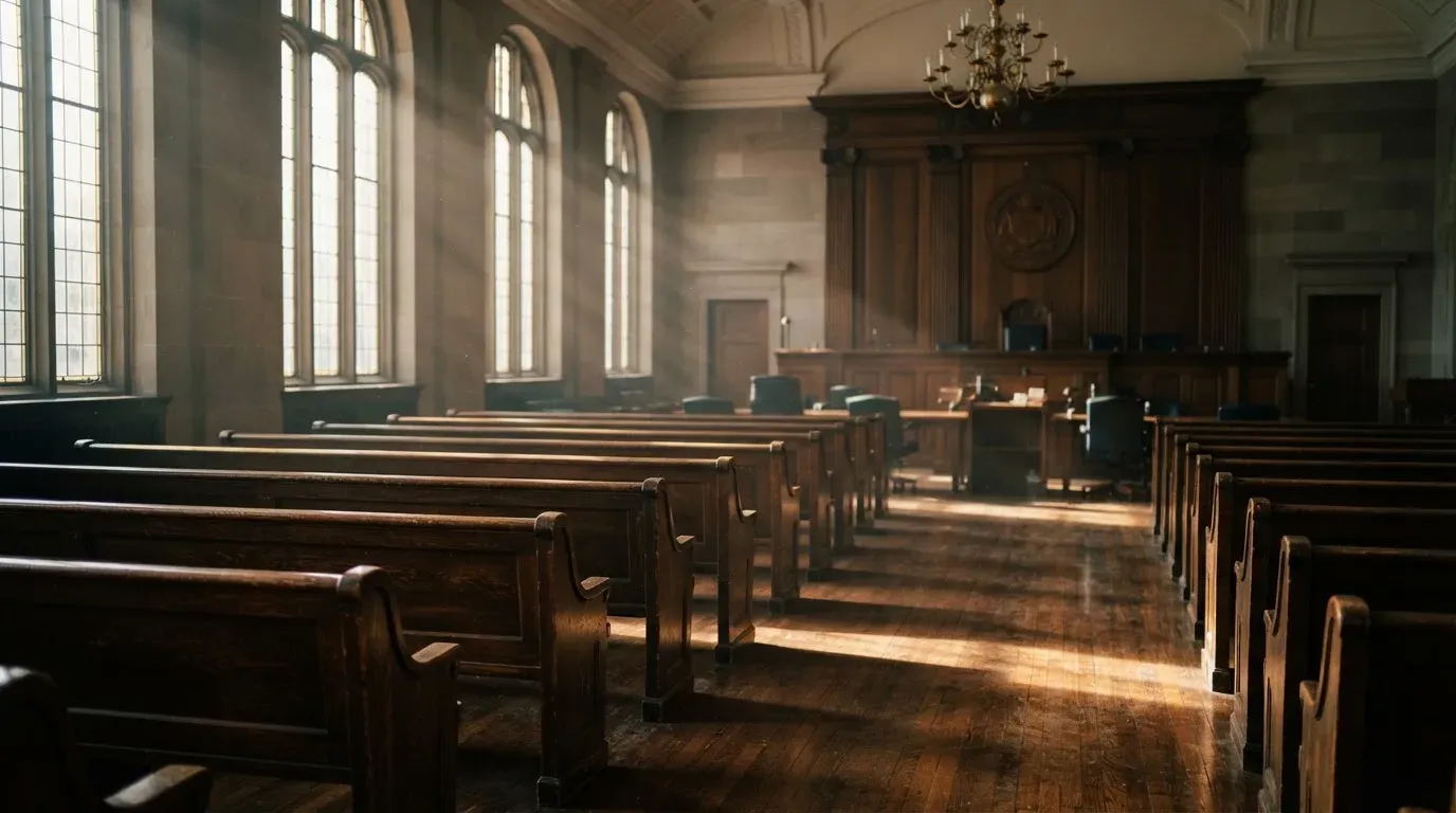 An empty courtroom with wooden benches in morning light