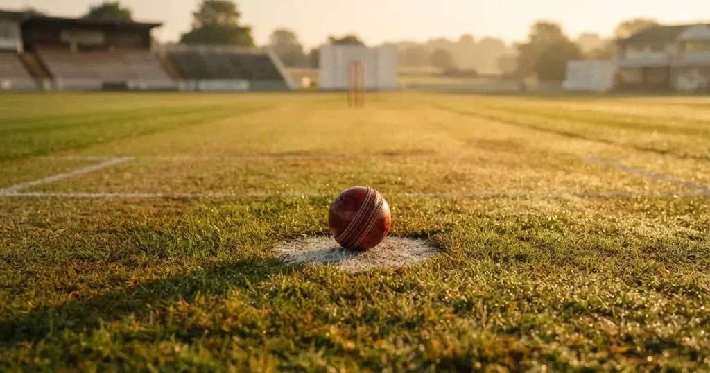 A ball on the centre spot of a grass pitch in morning light