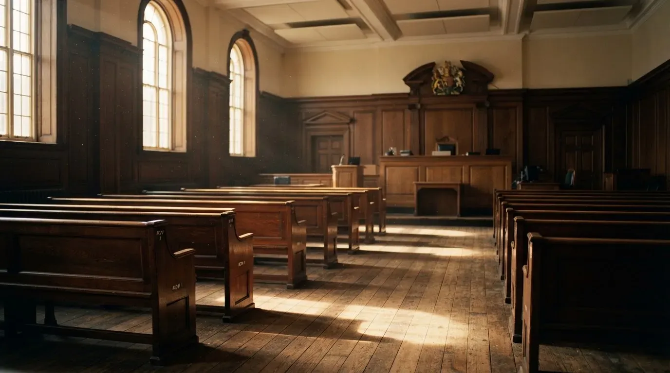 An empty courtroom with wooden benches in morning light
