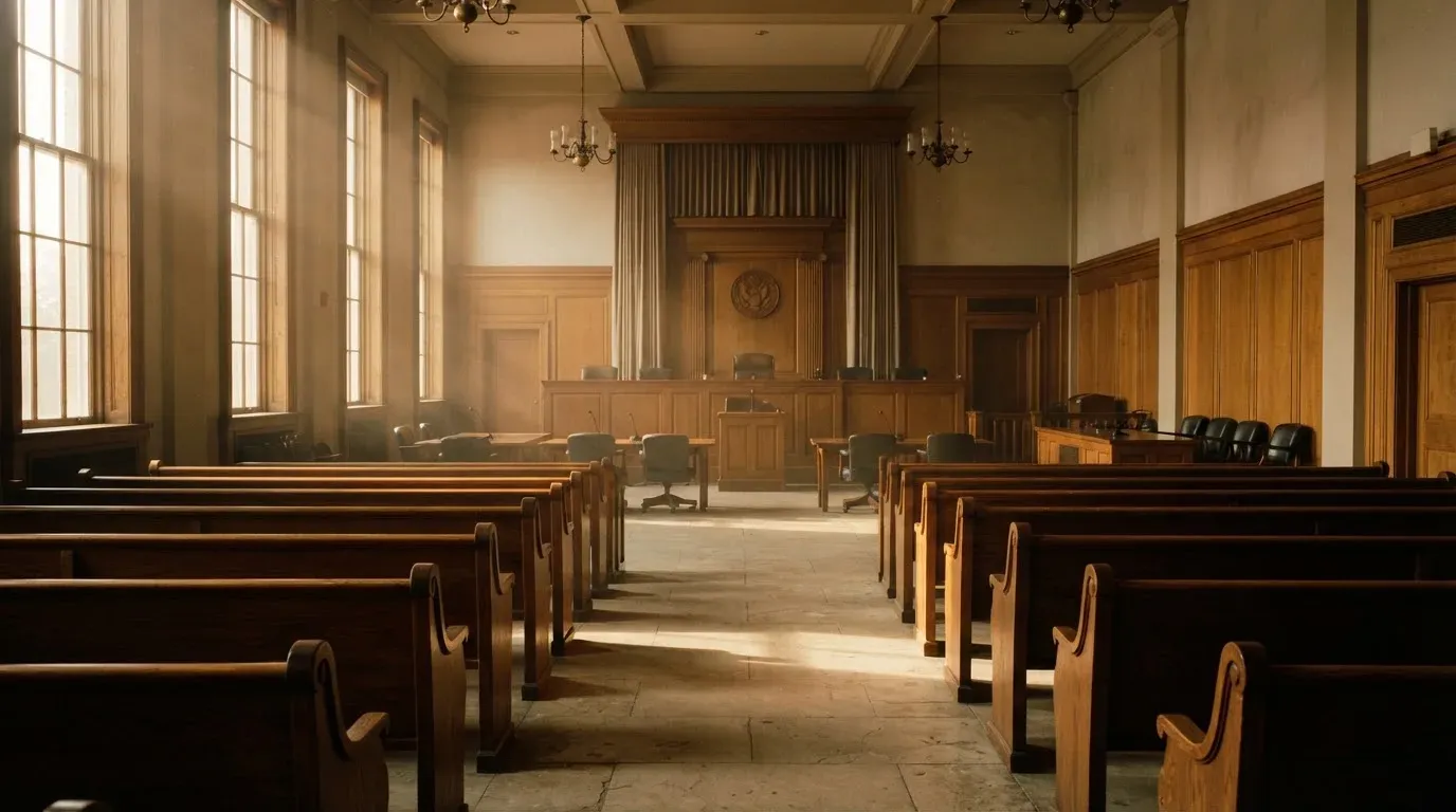 An empty courtroom with wooden benches in morning light