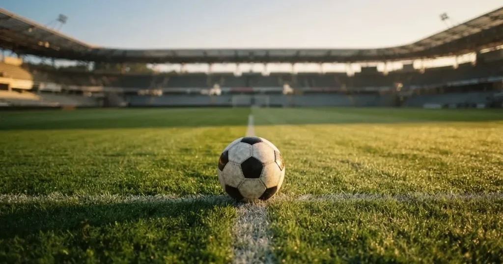 A ball on the centre spot of a grass pitch in morning light