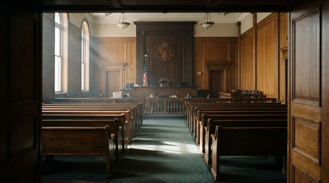 An empty courtroom with wooden benches in morning light