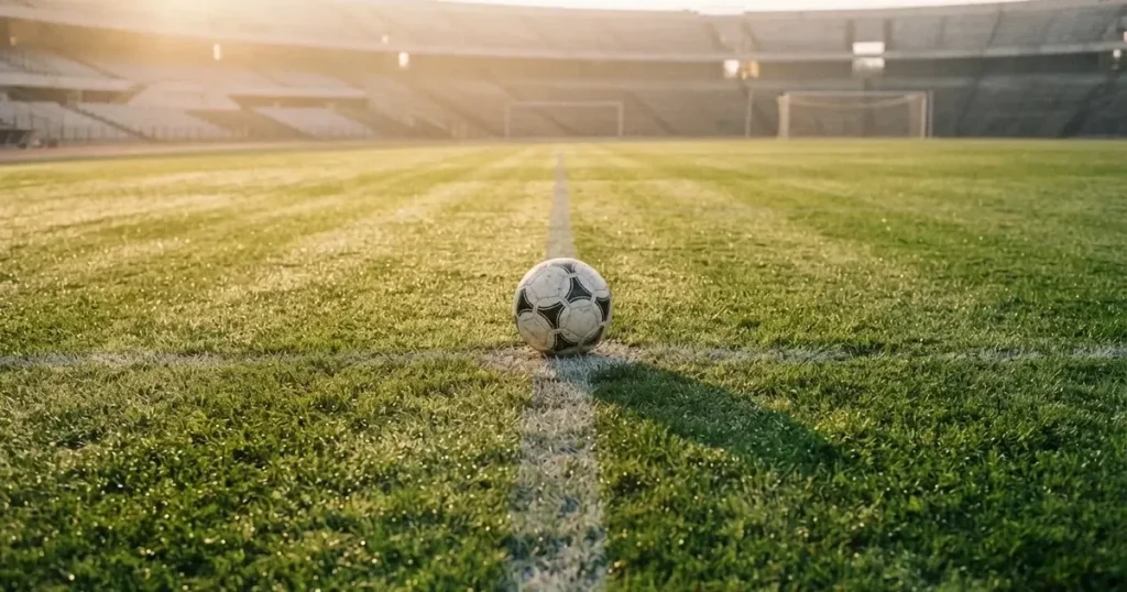 A ball on the centre spot of a grass pitch in morning light