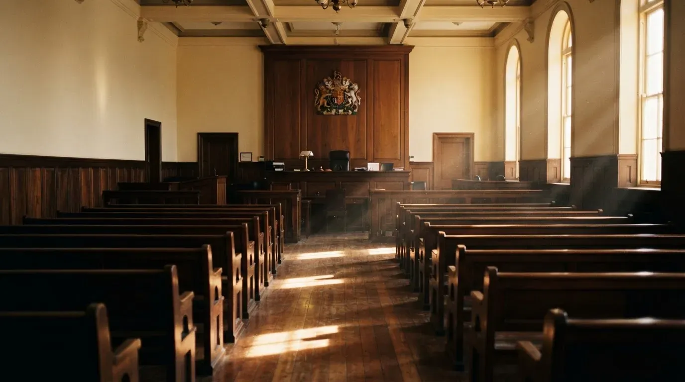An empty courtroom with wooden benches in morning light