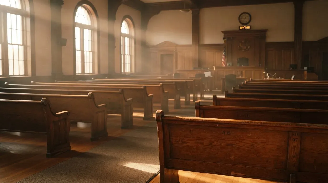 An empty courtroom with wooden benches in morning light