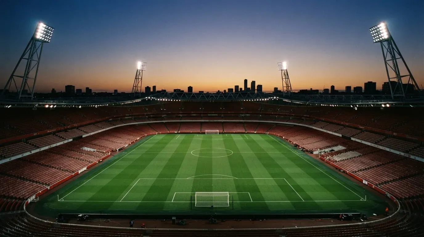 An empty football stadium with floodlight masts at dusk
