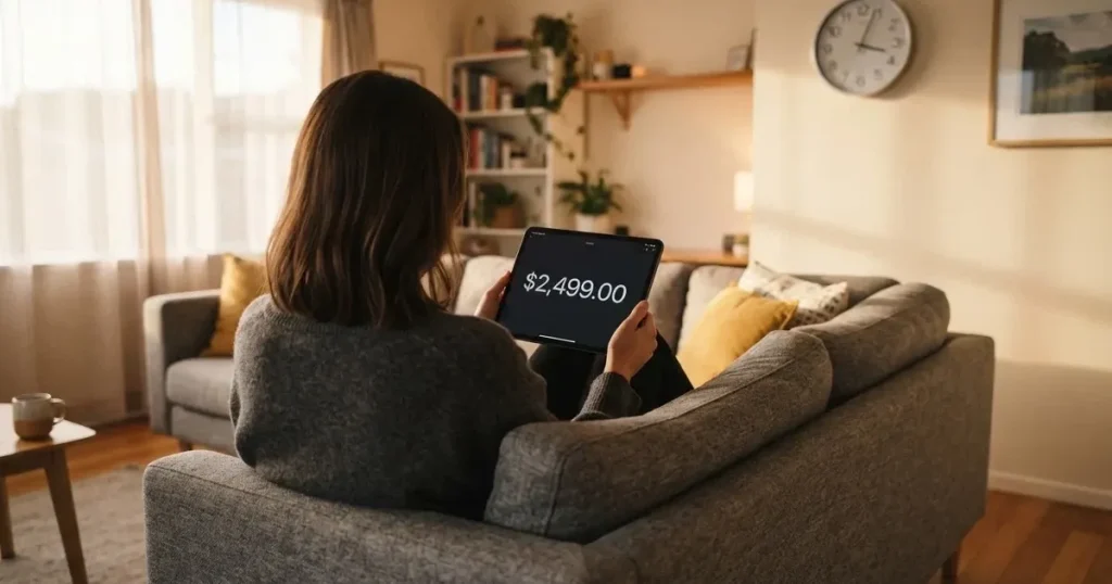 A person on a sofa looking thoughtfully at a tablet, a wall clock in the background