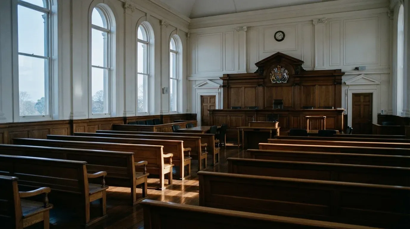 An empty courtroom with wooden benches in morning light