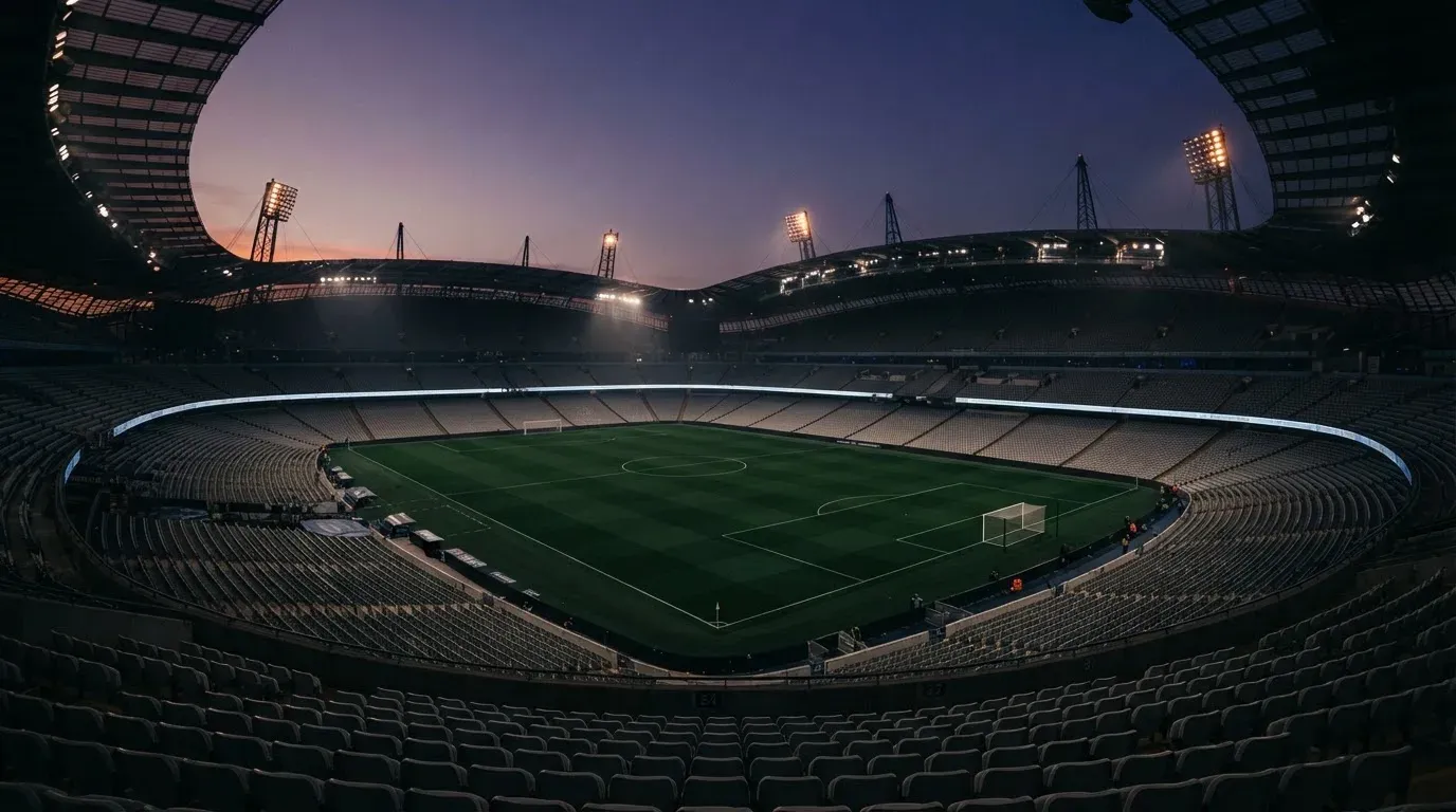An empty football stadium with floodlight masts at dusk