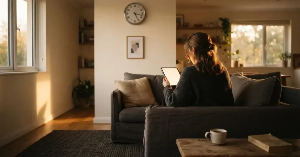 A person on a sofa looking thoughtfully at a tablet, a wall clock in the background
