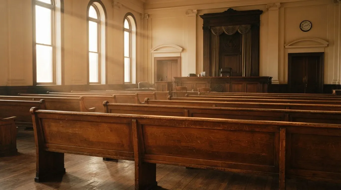 An empty courtroom with wooden benches in morning light